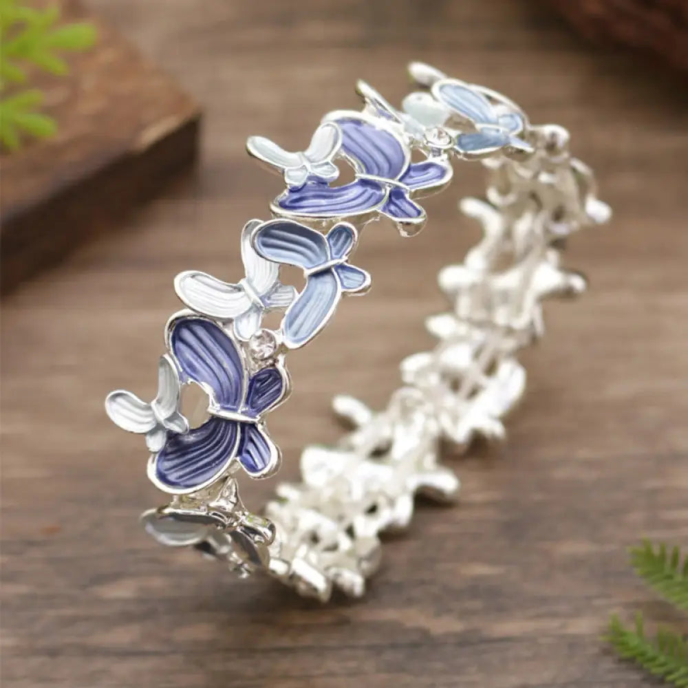 Buddha Stones Colorful Butterfly Love Alloy Elastic Bracelet Bangle - BWOOOH - Blue Butterfly 98mm - Bracelet Bangle