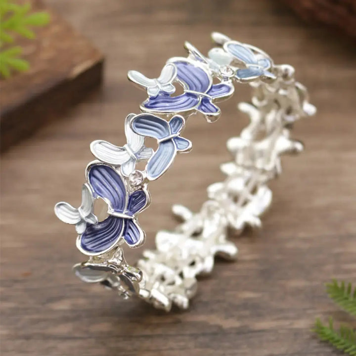 Buddha Stones Colorful Butterfly Love Alloy Elastic Bracelet Bangle - BWOOOH - Blue Butterfly 98mm - Bracelet Bangle