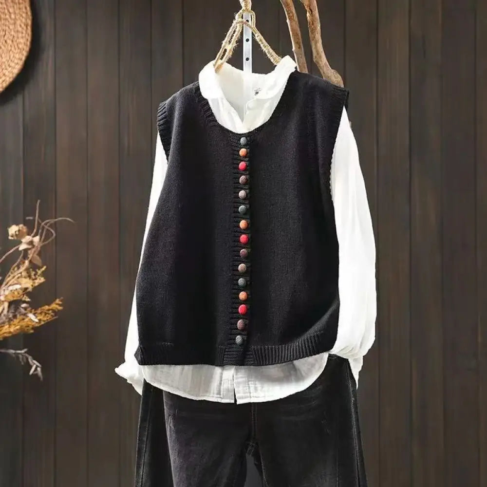 Buddha Stones Colorful Buttons Women’s Sleeveless Cotton Knitted Vest Waistcoat - Black / US4-6，UK/AU8-10，EU36-38 (F)