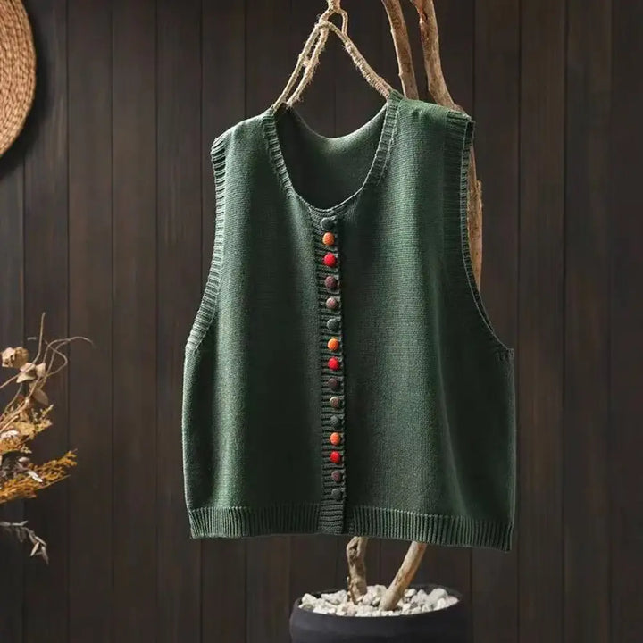 Buddha Stones Colorful Buttons Women’s Sleeveless Cotton Knitted Vest Waistcoat - Green / US4-6，UK/AU8-10，EU36-38 (F)
