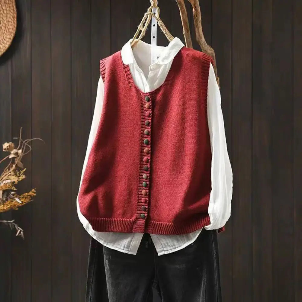 Buddha Stones Colorful Buttons Women’s Sleeveless Cotton Knitted Vest Waistcoat - Red / US4-6，UK/AU8-10，EU36-38 (F)