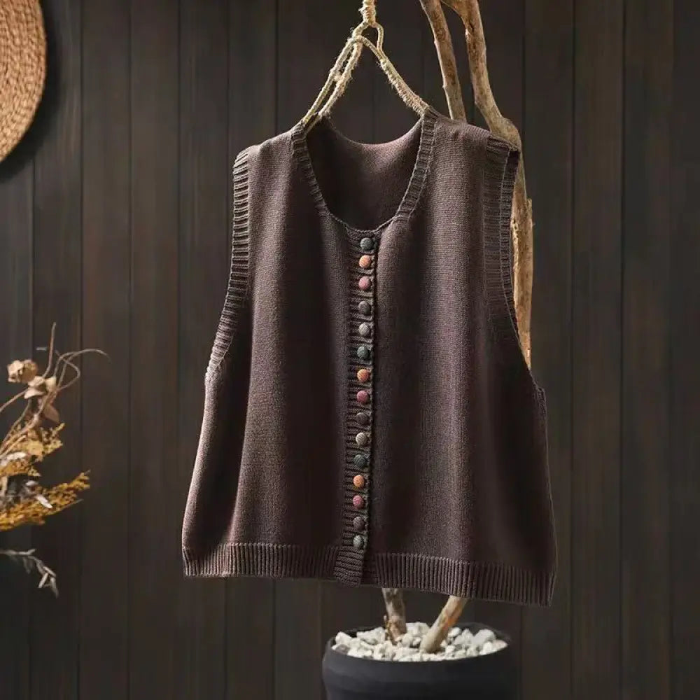Buddha Stones Colorful Buttons Women’s Sleeveless Cotton Knitted Vest Waistcoat - SaddleBrown / US4-6，UK/AU8-10，EU36-38
