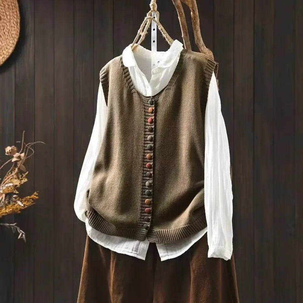 Buddha Stones Colorful Buttons Women’s Sleeveless Cotton Knitted Vest Waistcoat - Sienna / US4-6，UK/AU8-10，EU36-38 (F)