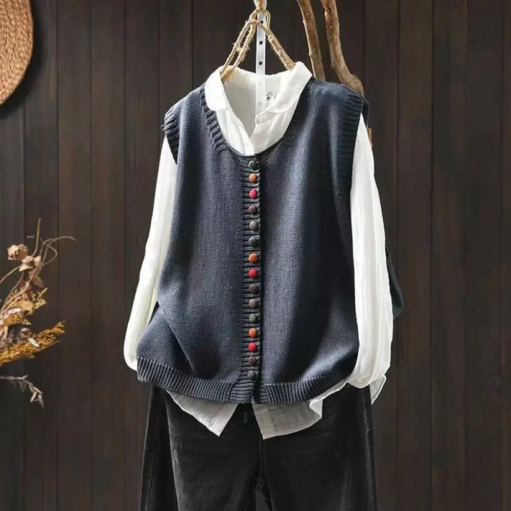 Buddha Stones Colorful Buttons Women’s Sleeveless Cotton Knitted Vest Waistcoat - SlateGray / US4-6，UK/AU8-10，EU36-38