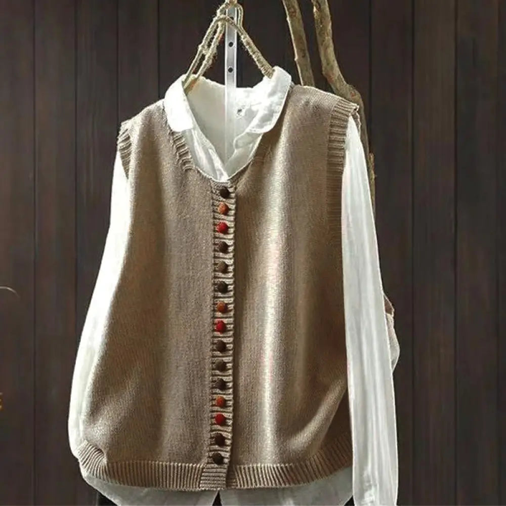 Buddha Stones Colorful Buttons Women’s Sleeveless Cotton Knitted Vest Waistcoat - Tan / US4-6，UK/AU8-10，EU36-38 (F)