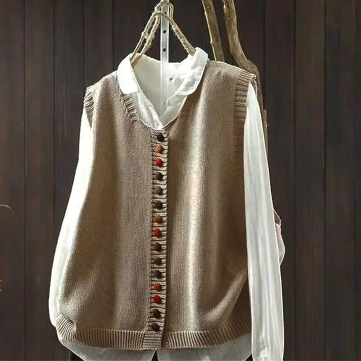 Buddha Stones Colorful Buttons Women’s Sleeveless Cotton Knitted Vest Waistcoat - Tan / US4-6，UK/AU8-10，EU36-38 (F)