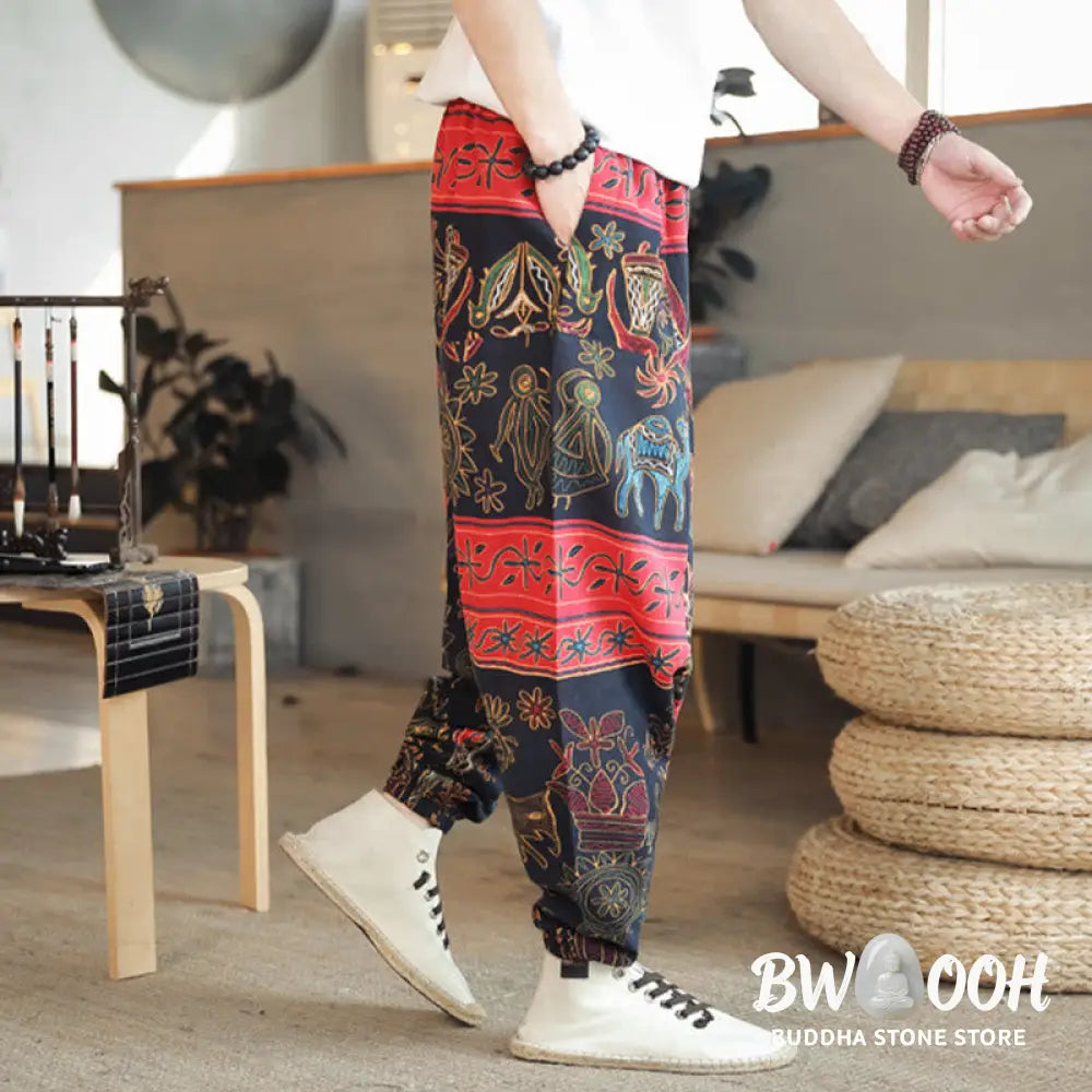 Buddha Stones Colorful Camel Figure Pattern Cotton Men’s Harem Pants With Pockets - Men’s Harem Pants