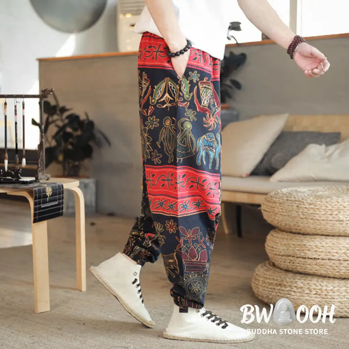 Buddha Stones Colorful Camel Figure Pattern Cotton Men’s Harem Pants With Pockets - Men’s Harem Pants