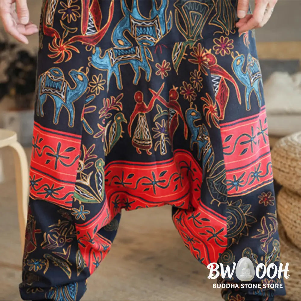 Buddha Stones Colorful Camel Figure Pattern Cotton Men’s Harem Pants With Pockets - Men’s Harem Pants