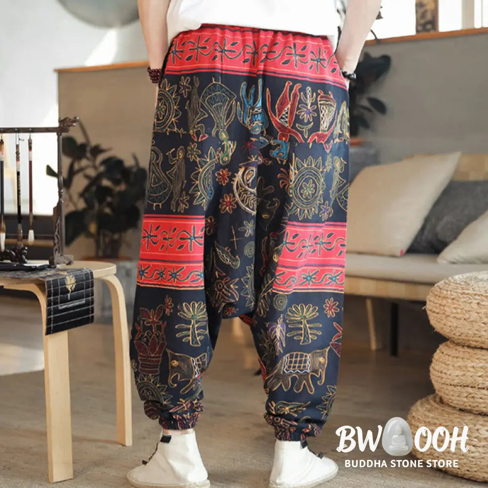 Buddha Stones Colorful Camel Figure Pattern Cotton Men’s Harem Pants With Pockets - Men’s Harem Pants