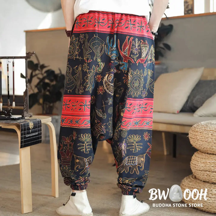Buddha Stones Colorful Camel Figure Pattern Cotton Men’s Harem Pants With Pockets - Men’s Harem Pants