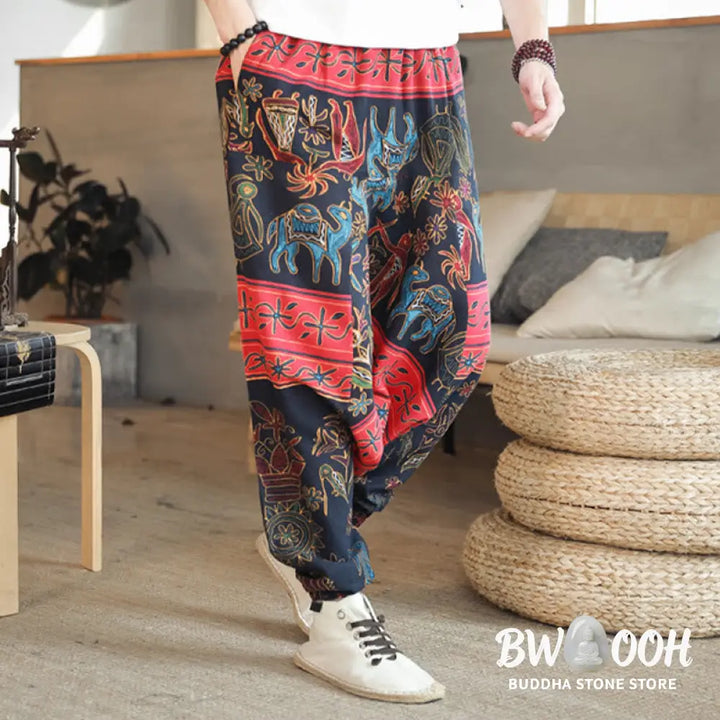 Buddha Stones Colorful Camel Figure Pattern Cotton Men’s Harem Pants With Pockets - Men’s Harem Pants
