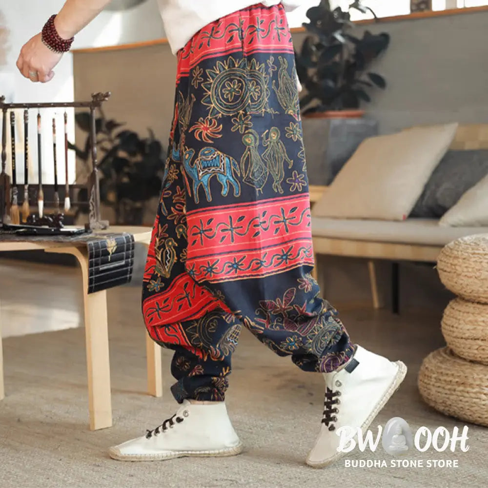 Buddha Stones Colorful Camel Figure Pattern Cotton Men’s Harem Pants With Pockets - Men’s Harem Pants