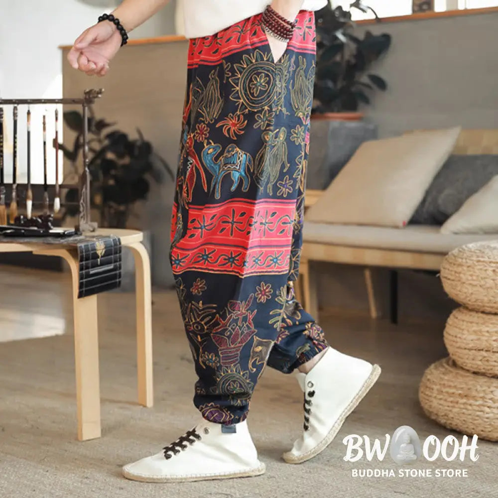 Buddha Stones Colorful Camel Figure Pattern Cotton Men’s Harem Pants With Pockets - Men’s Harem Pants