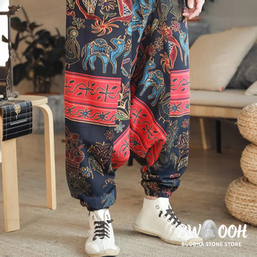 Buddha Stones Colorful Camel Figure Pattern Cotton Men’s Harem Pants With Pockets - Men’s Harem Pants