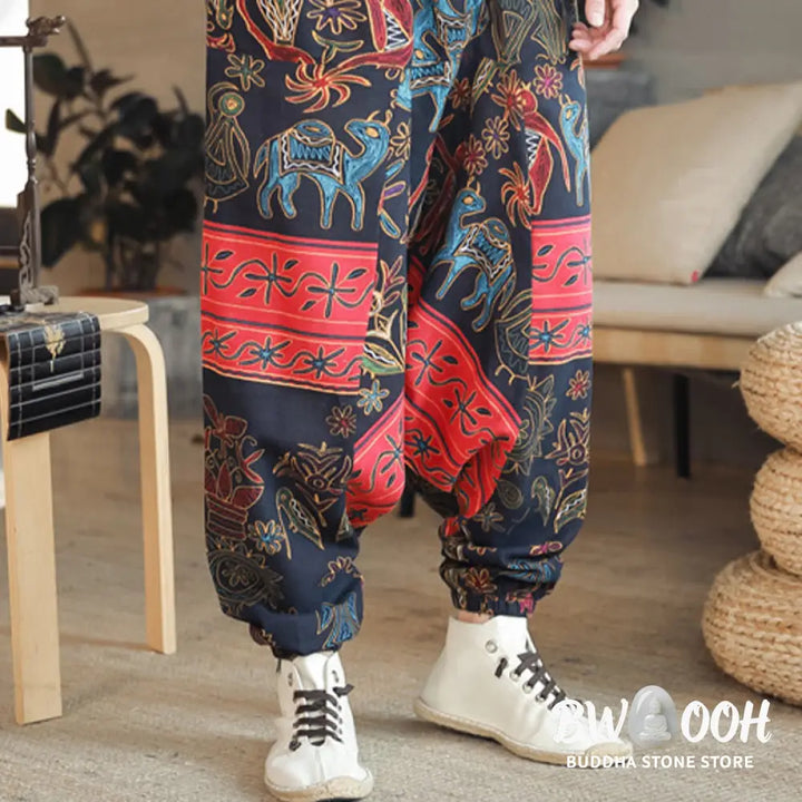 Buddha Stones Colorful Camel Figure Pattern Cotton Men’s Harem Pants With Pockets - Men’s Harem Pants