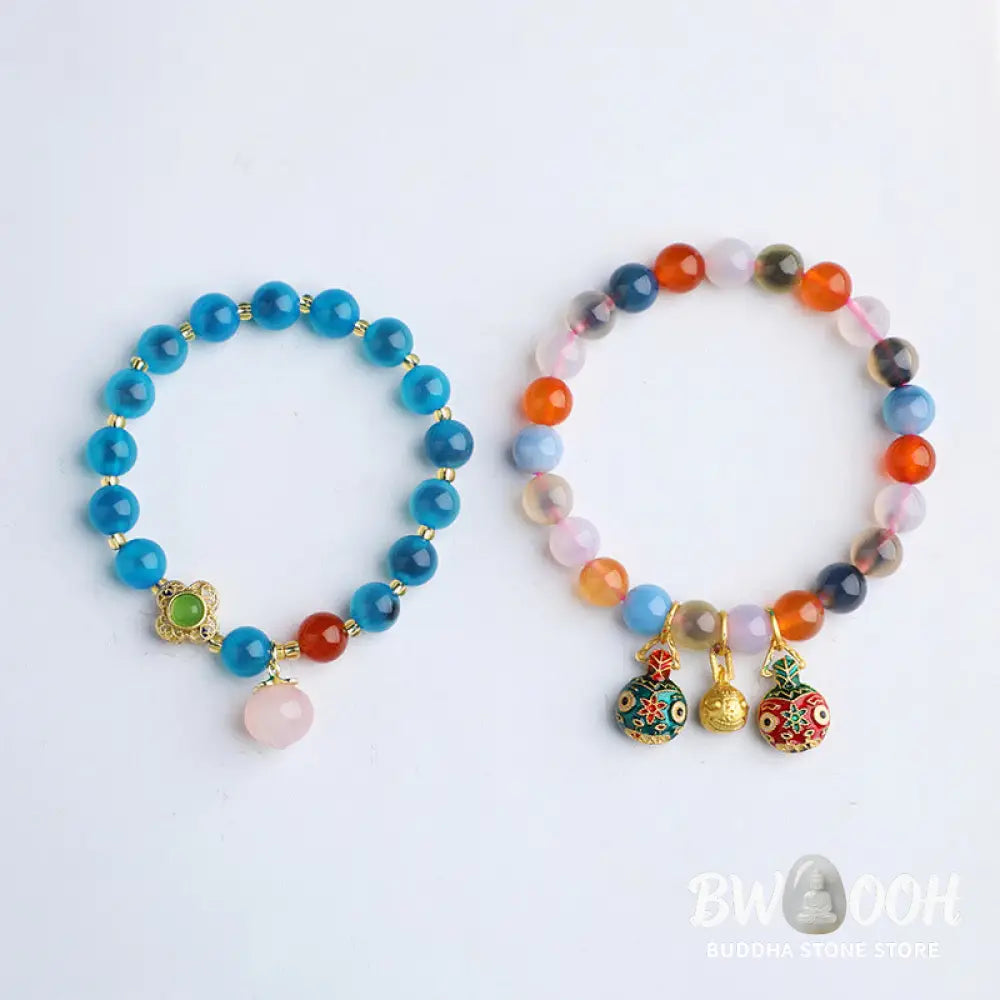 Buddha Stones Colorful Candy Agate Gold Swallowing Beast Family Peach Harmony Charm Bracelet - BWOOOH - Bracelet