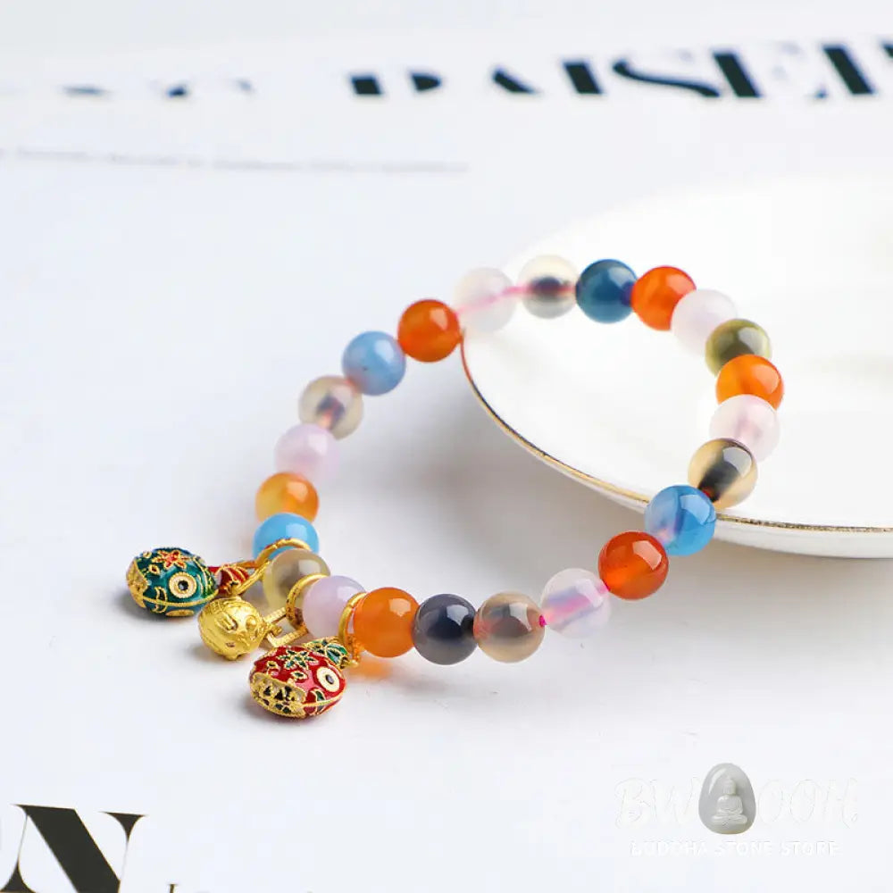 Buddha Stones Colorful Candy Agate Gold Swallowing Beast Family Peach Harmony Charm Bracelet - BWOOOH - Bracelet