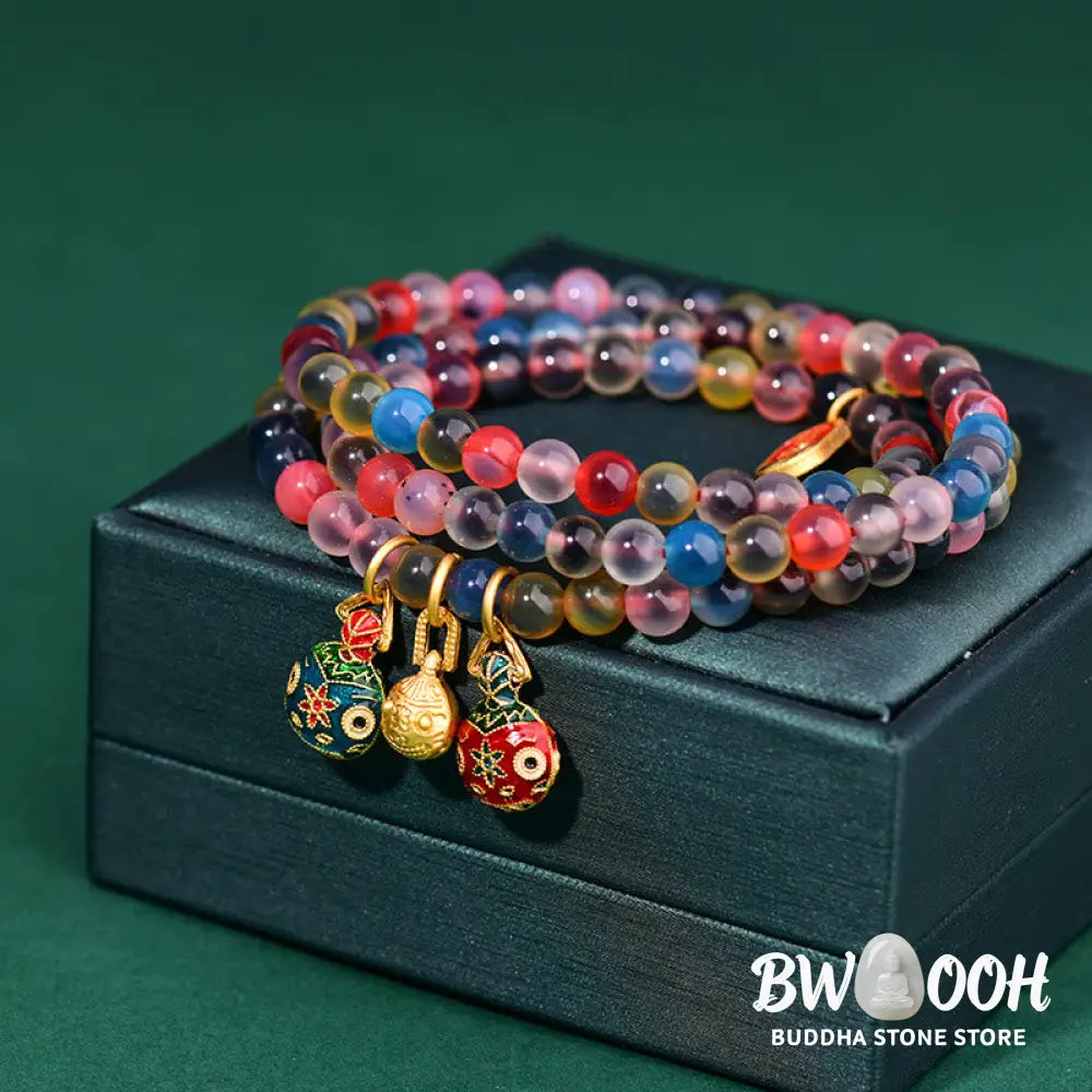 Buddha Stones Colorful Candy Agate Gold Swallowing Beast Family Strength Charm Triple Wrap Bracelet - Candy
