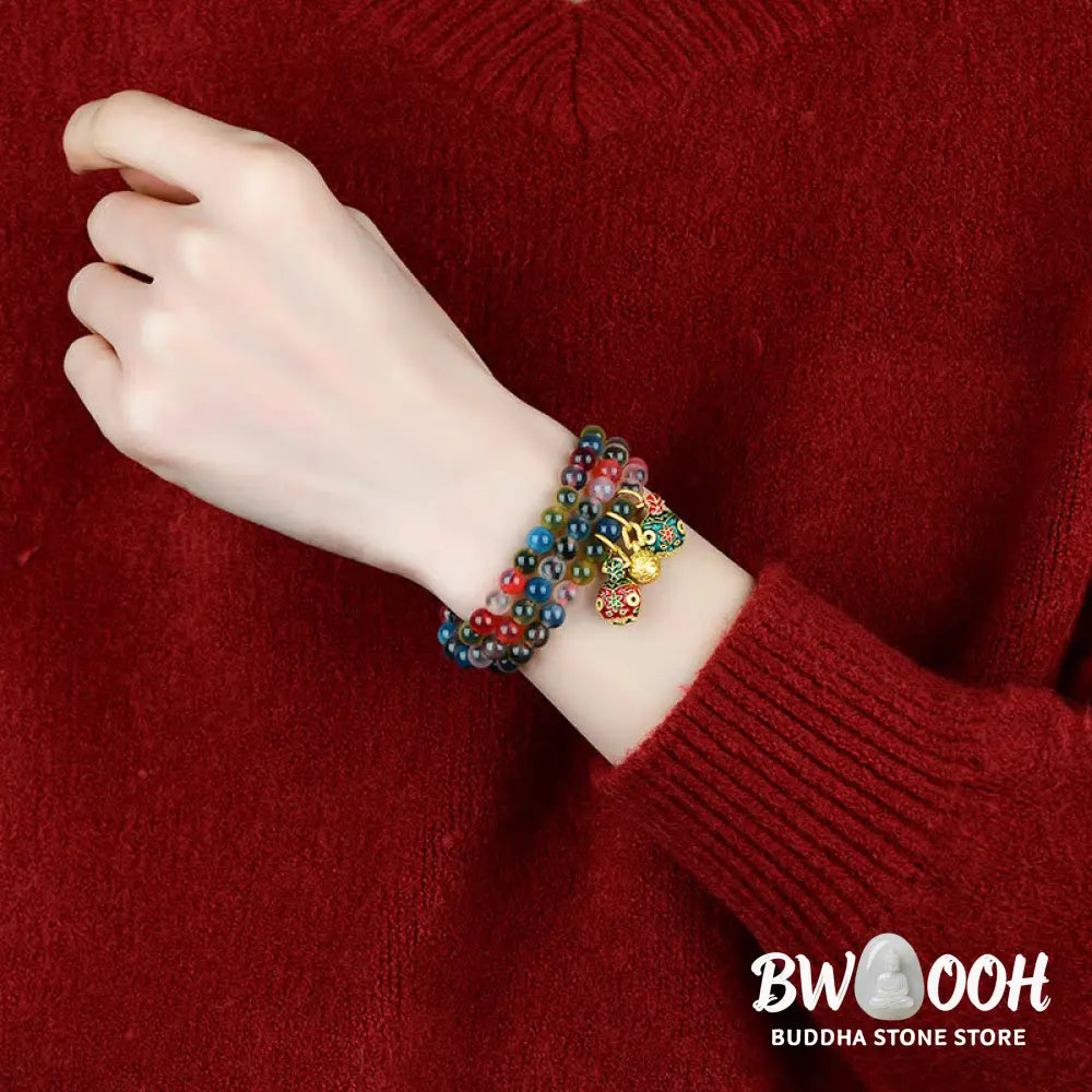 Buddha Stones Colorful Candy Agate Gold Swallowing Beast Family Strength Charm Triple Wrap Bracelet - Candy