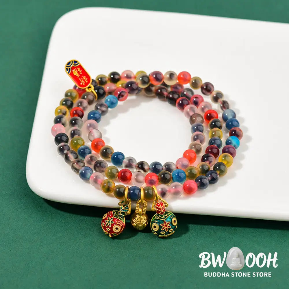 Buddha Stones Colorful Candy Agate Gold Swallowing Beast Family Strength Charm Triple Wrap Bracelet - Candy
