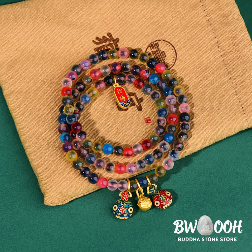 Buddha Stones Colorful Candy Agate Gold Swallowing Beast Family Strength Charm Triple Wrap Bracelet - Candy