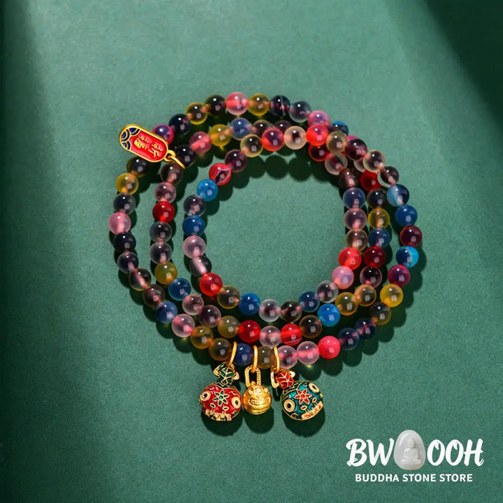Buddha Stones Colorful Candy Agate Gold Swallowing Beast Family Strength Charm Triple Wrap Bracelet - Candy