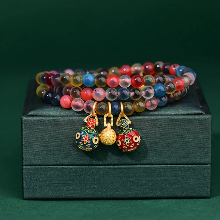 Buddha Stones Colorful Candy Agate Gold Swallowing Beast Family Strength Charm Triple Wrap Bracelet - Candy