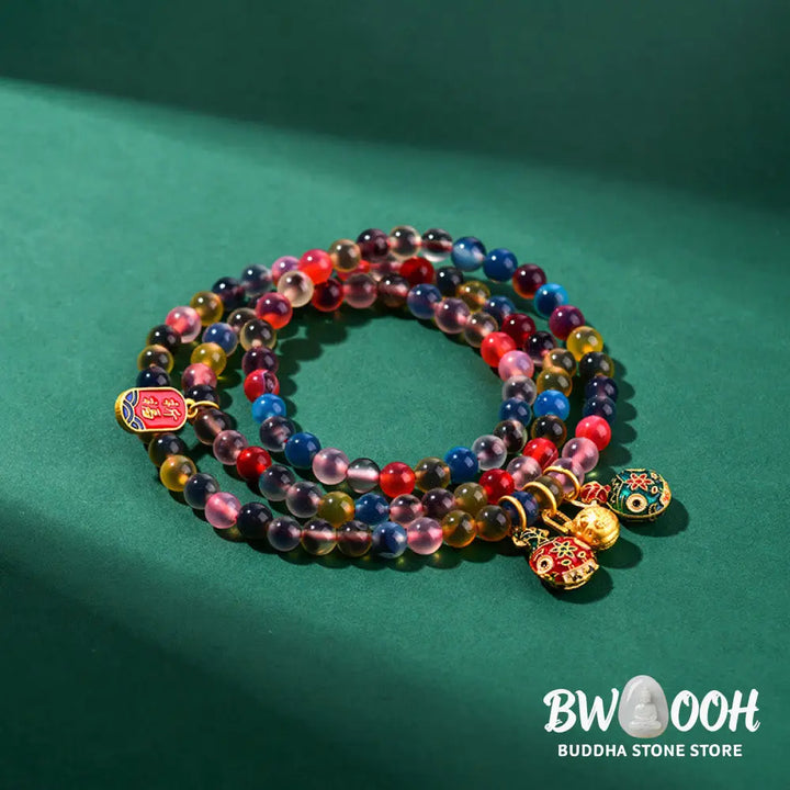 Buddha Stones Colorful Candy Agate Gold Swallowing Beast Family Strength Charm Triple Wrap Bracelet - Candy