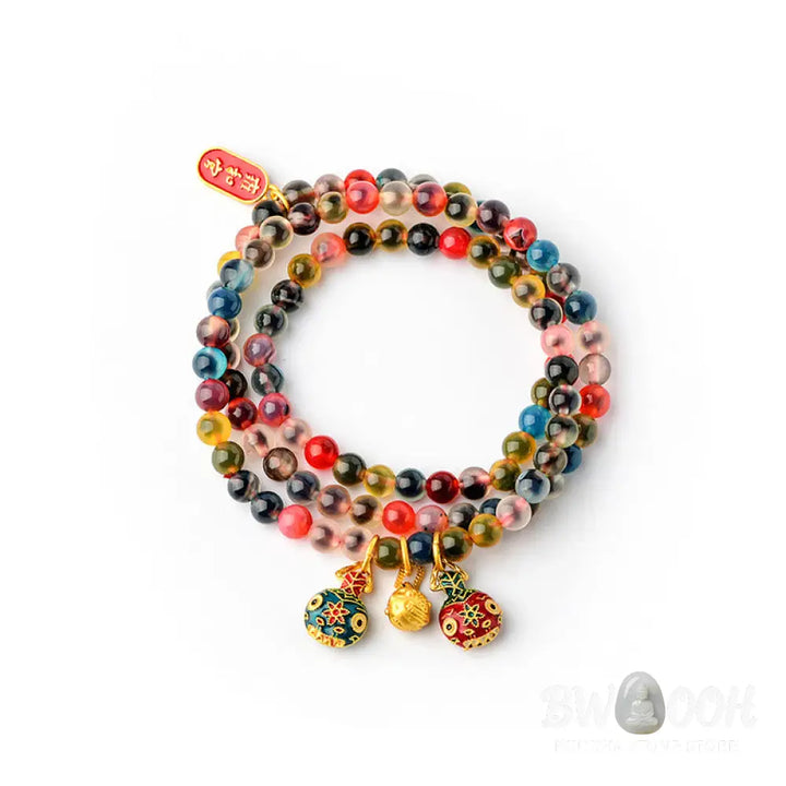 Buddha Stones Colorful Candy Agate Gold Swallowing Beast Family Strength Charm Triple Wrap Bracelet - Candy