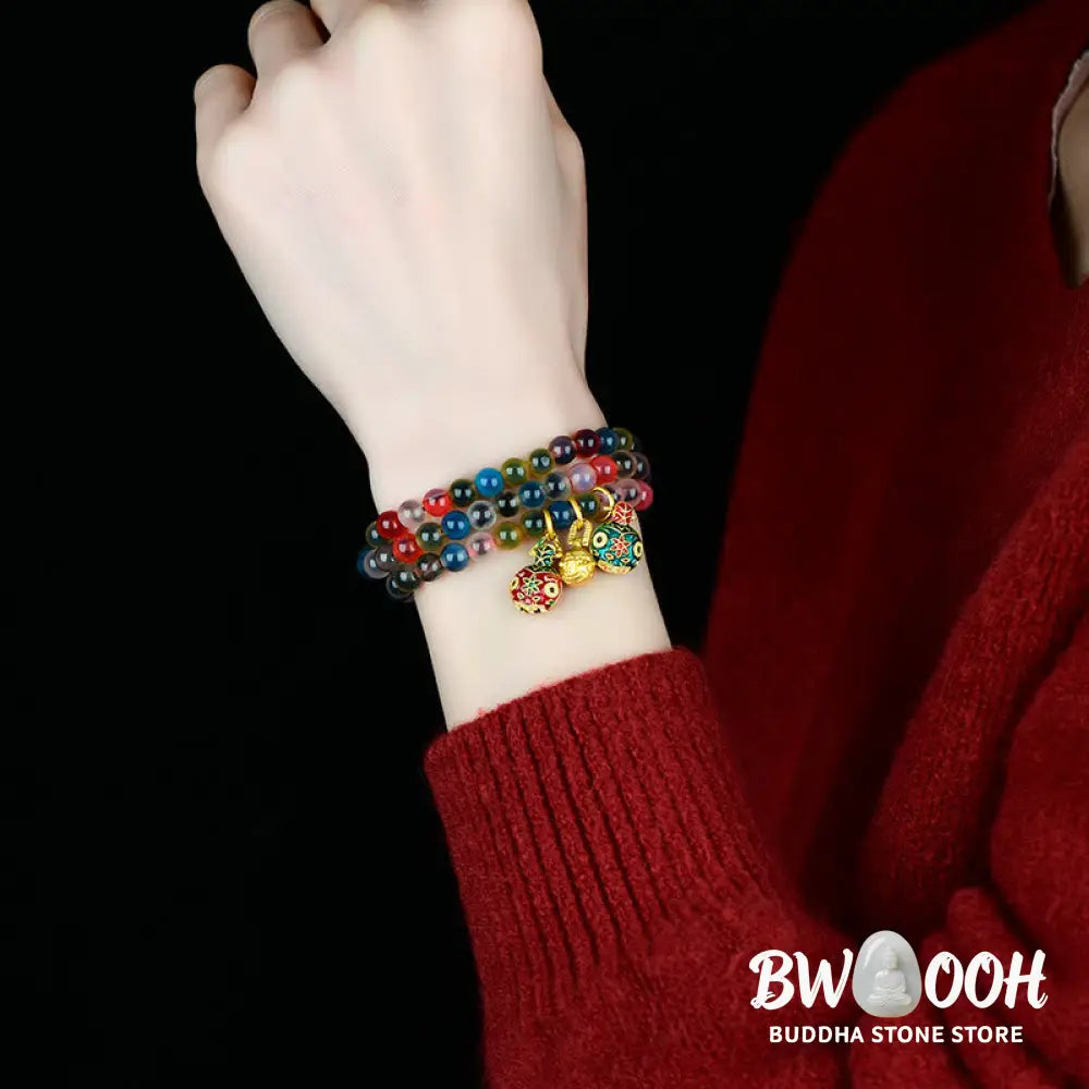 Buddha Stones Colorful Candy Agate Gold Swallowing Beast Family Strength Charm Triple Wrap Bracelet - Candy