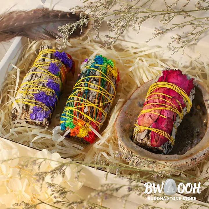 BWOOOH Colorful Daisy Red Rose Flowers Smudge Stick for Home Cleansing Incense Healing Meditation Smudge Sticks