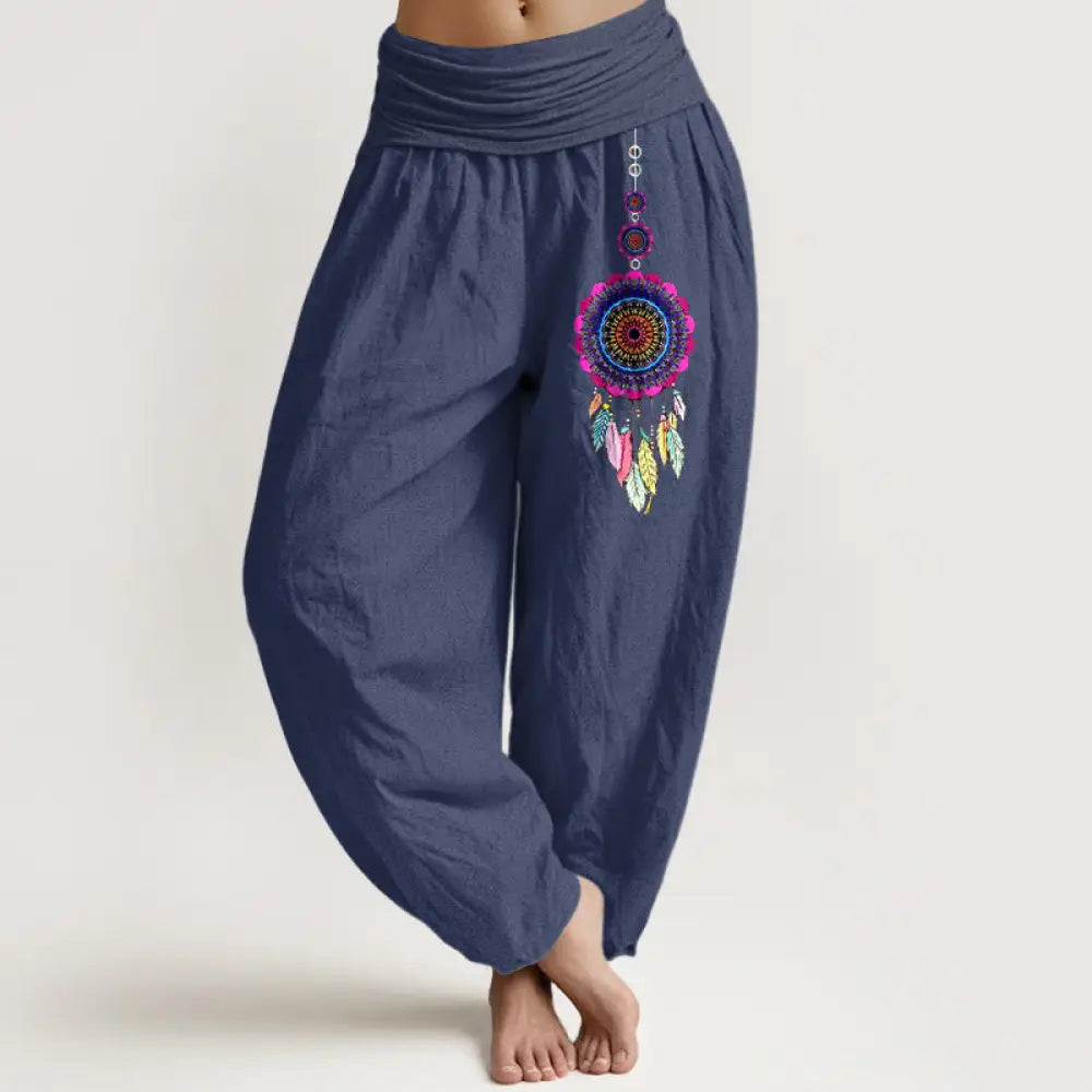 Buddha Stones Colorful Dreamcatchers Pattern Pure Cotton Women’s Elastic Waist Harem Pants - DarkSlateBlue