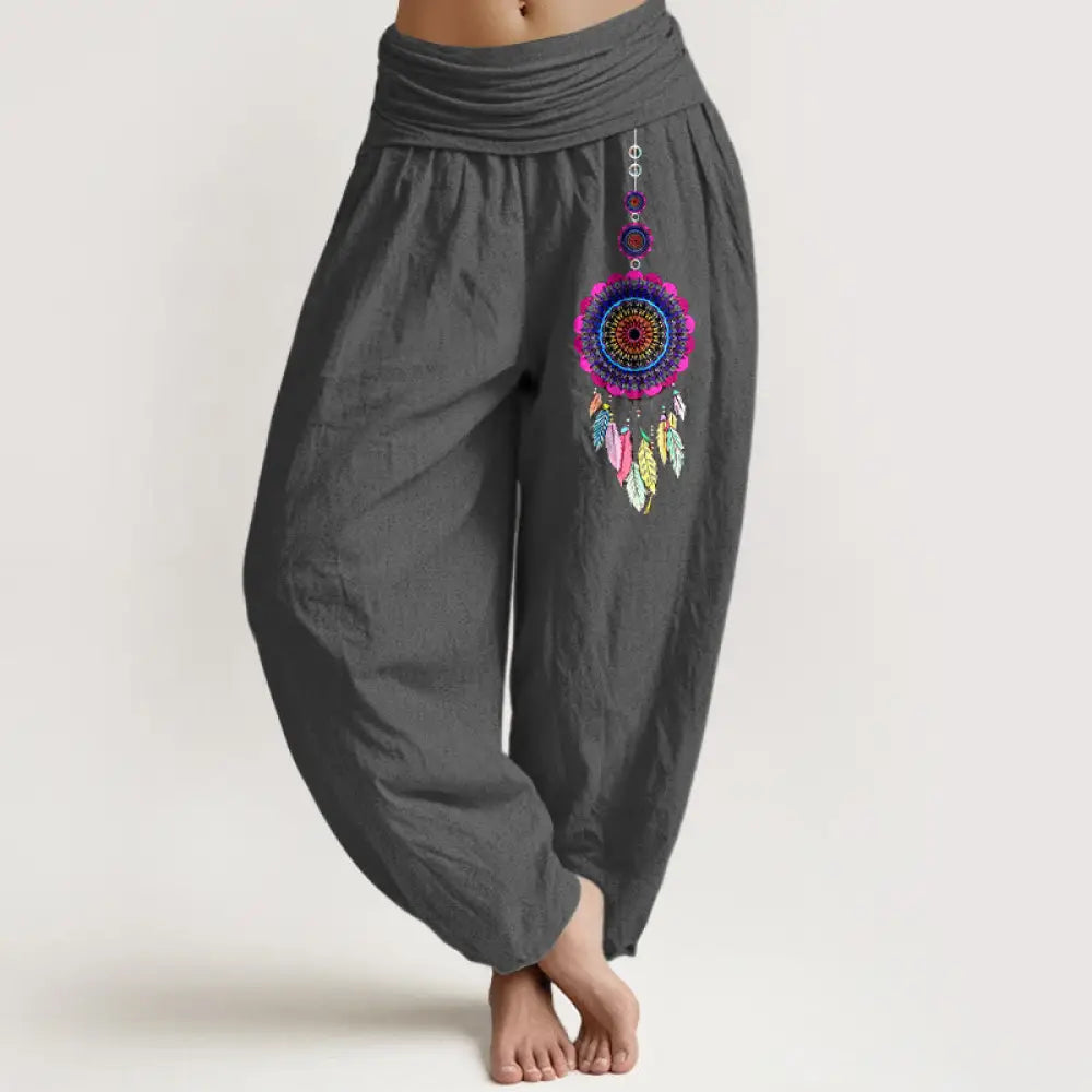 Buddha Stones Colorful Dreamcatchers Pattern Pure Cotton Women’s Elastic Waist Harem Pants - DimGray / US2，UK/AU6，EU34