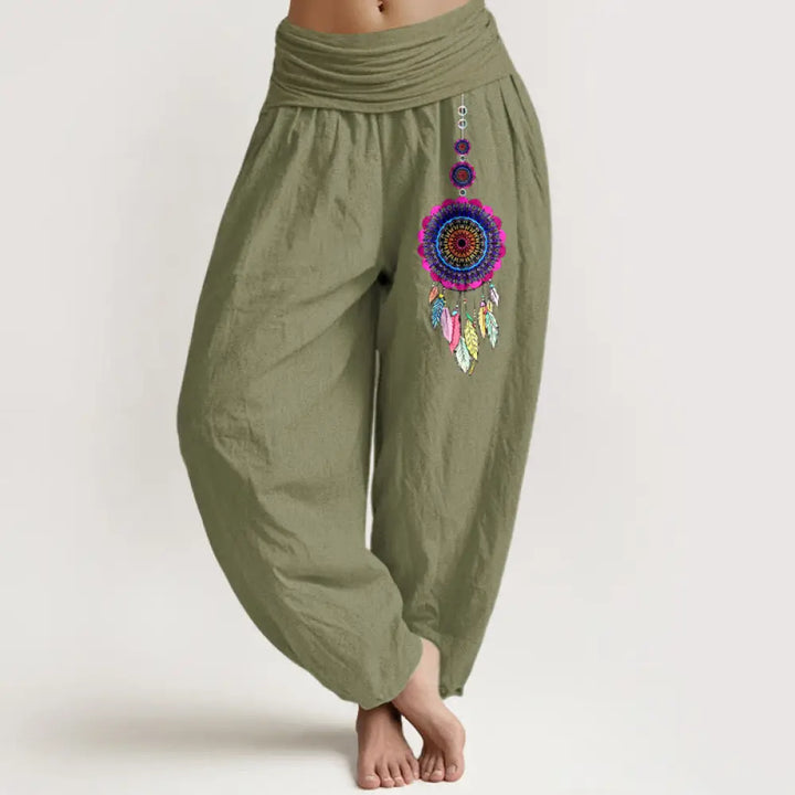 Buddha Stones Colorful Dreamcatchers Pattern Pure Cotton Women’s Elastic Waist Harem Pants - OliveDrab