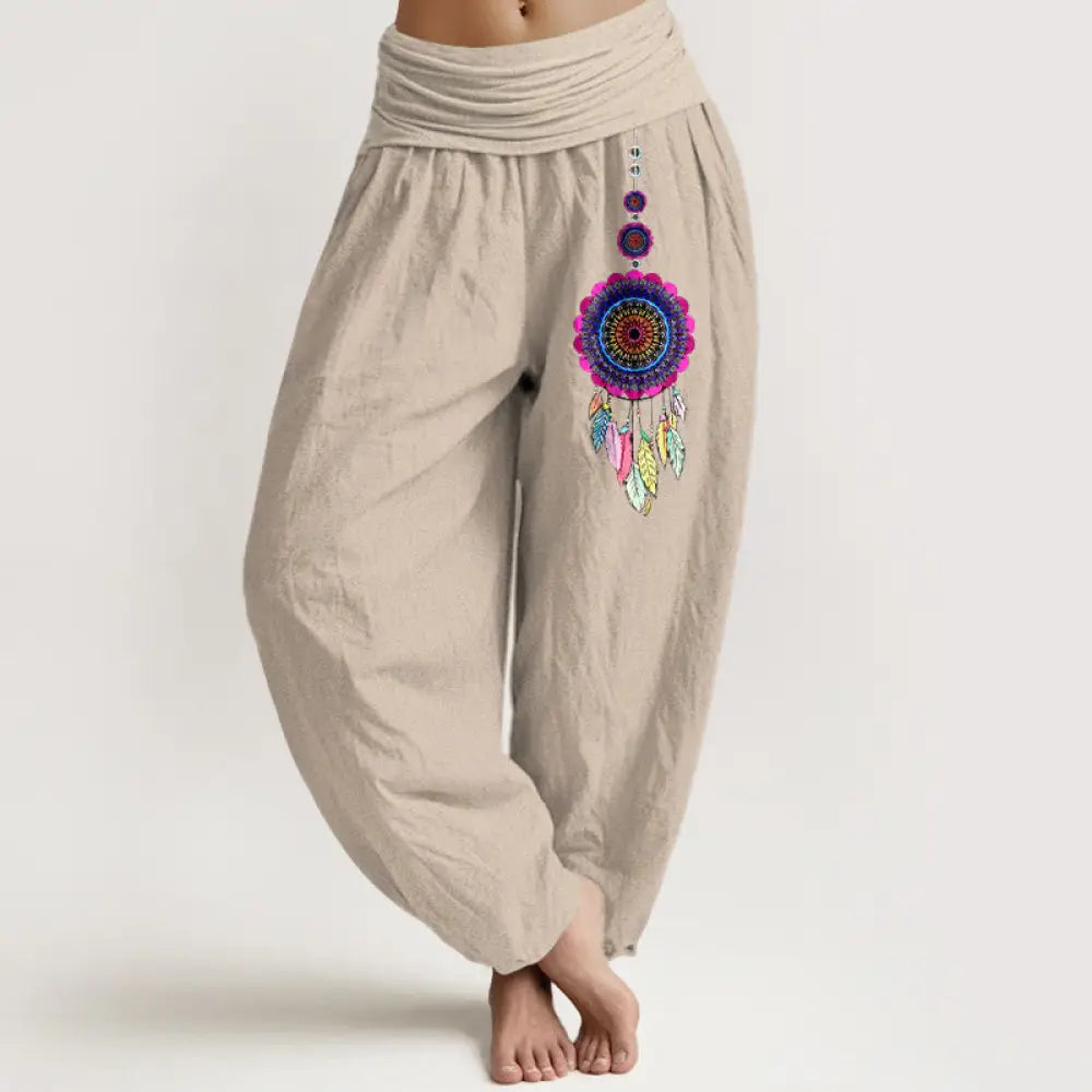 Buddha Stones Colorful Dreamcatchers Pattern Pure Cotton Women’s Elastic Waist Harem Pants - Tan / US2，UK/AU6，EU34 (XS)