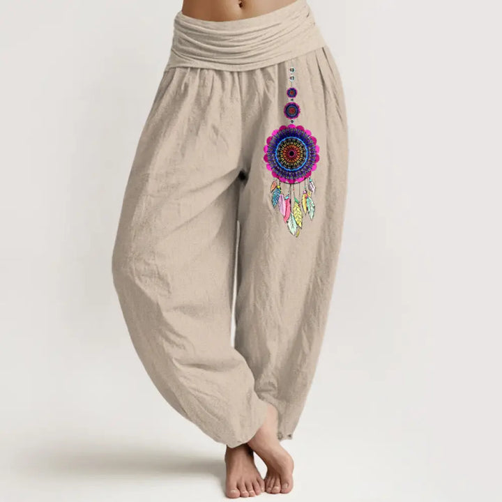Buddha Stones Colorful Dreamcatchers Pattern Pure Cotton Women’s Elastic Waist Harem Pants - Tan / US2，UK/AU6，EU34 (XS)