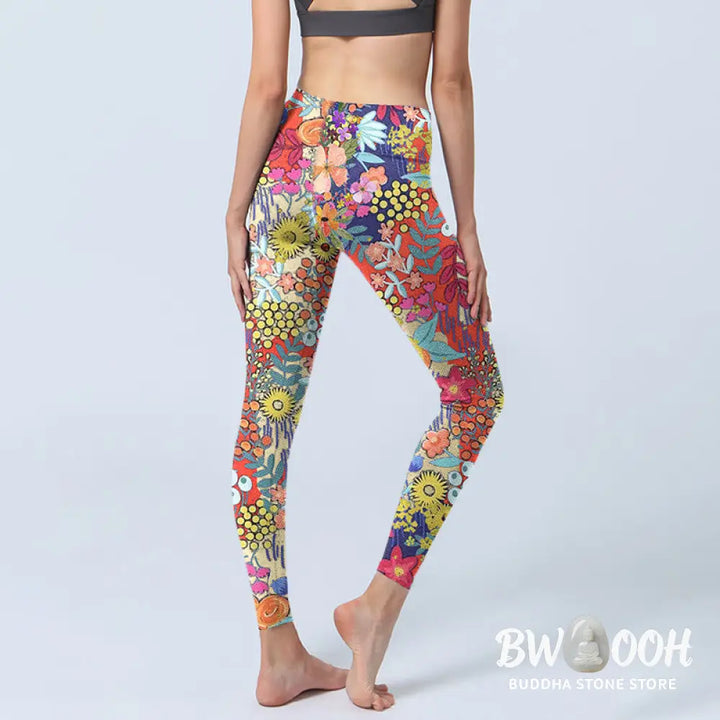 BWOOOH printed yoga leggings - Colorful Flowers Leaves Print Gym Fitnes