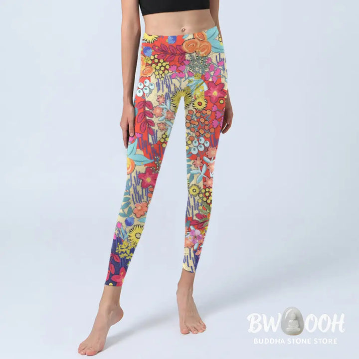 BWOOOH printed yoga leggings - Colorful Flowers Leaves Print Gym Fitnes