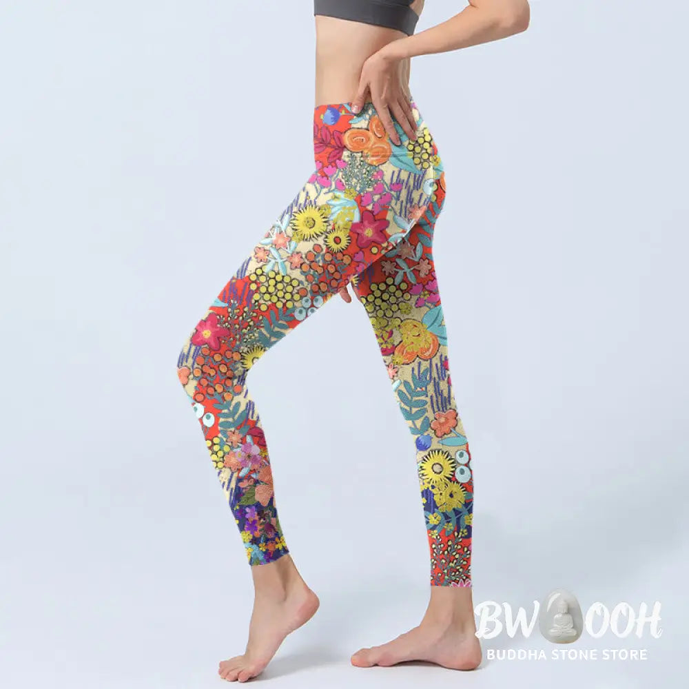 BWOOOH printed yoga leggings - Colorful Flowers Leaves Print Gym Fitnes