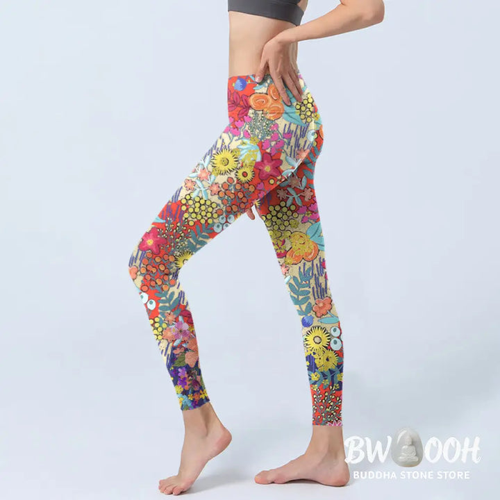 BWOOOH printed yoga leggings - Colorful Flowers Leaves Print Gym Fitnes