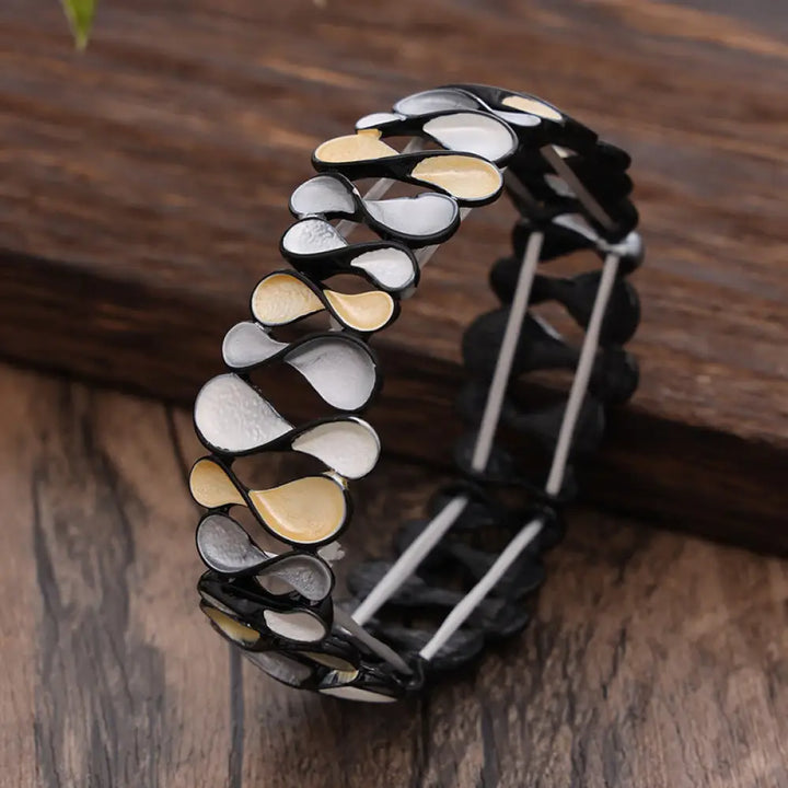 Buddha Stones Colorful Geometric Hollow 8-shaped Alloy Healing Elastic Bracelet Bangle - BWOOOH - Yellow Gray 57mm