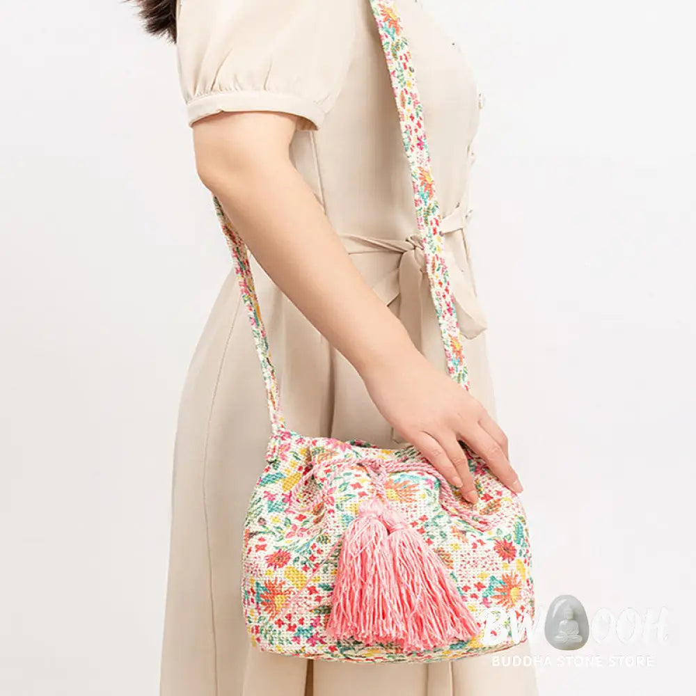 Buddha Stones Colorful Geometry Flowers Print Canvas Bucket Crossbody Bag Shoulder Bag - Crossbody Bag