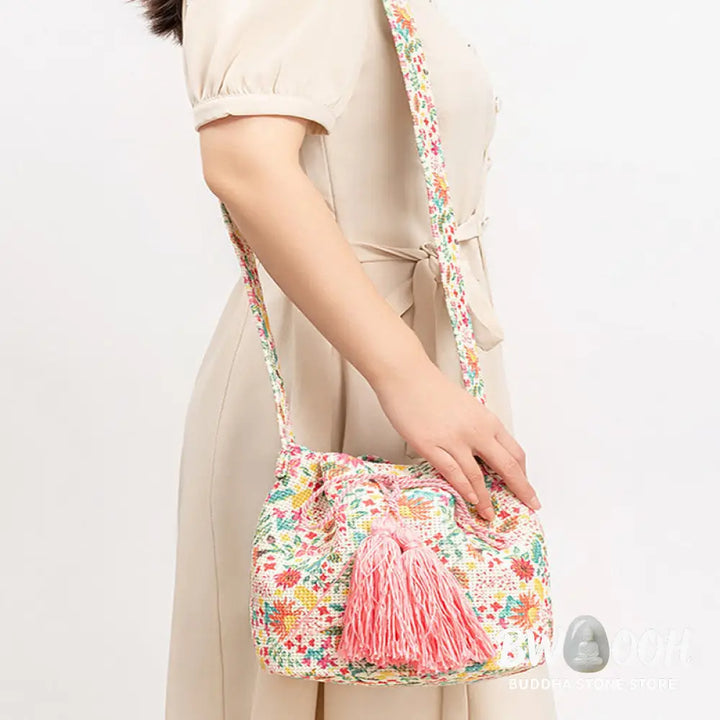 Buddha Stones Colorful Geometry Flowers Print Canvas Bucket Crossbody Bag Shoulder Bag - Crossbody Bag