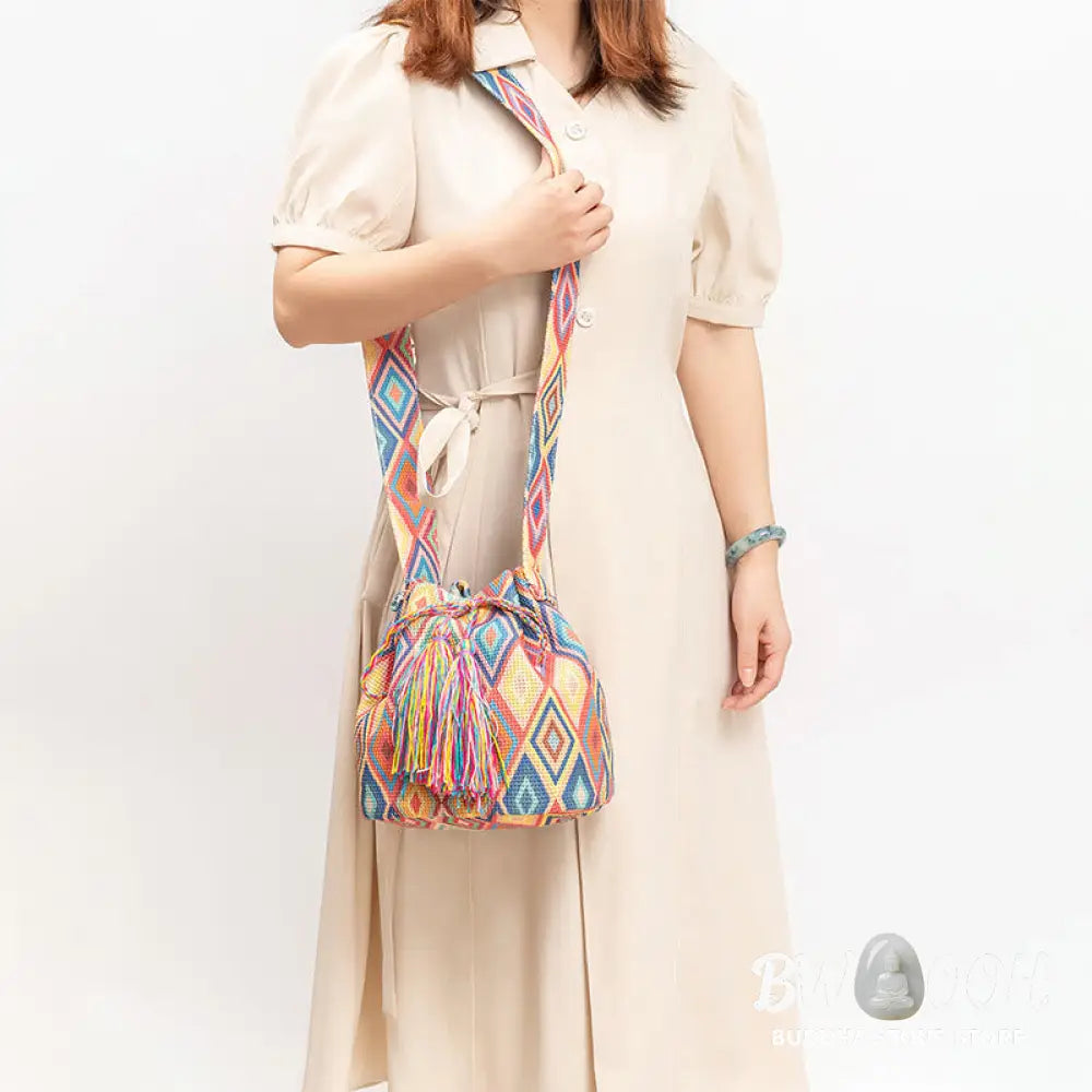 Buddha Stones Colorful Geometry Flowers Print Canvas Bucket Crossbody Bag Shoulder Bag - Crossbody Bag