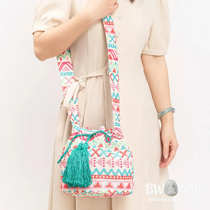 Buddha Stones Colorful Geometry Flowers Print Canvas Bucket Crossbody Bag Shoulder Bag - Crossbody Bag
