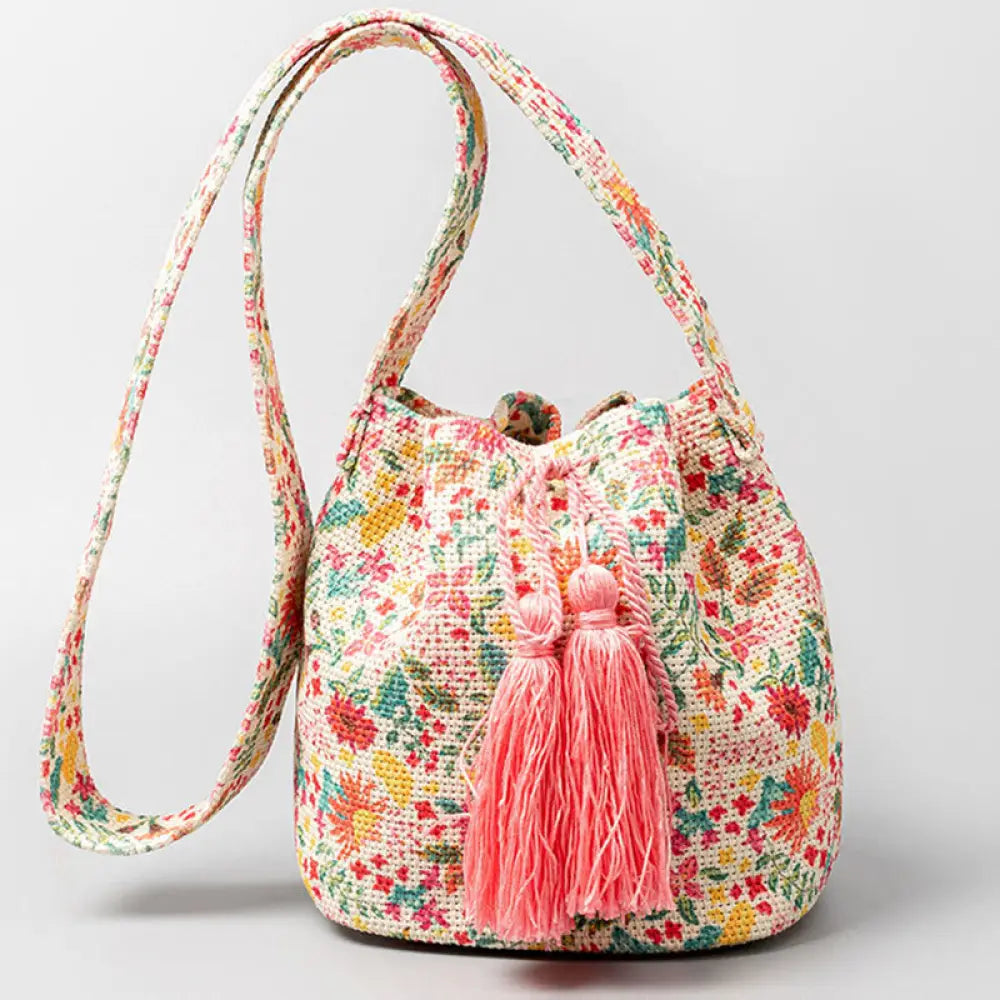 Buddha Stones Colorful Geometry Flowers Print Canvas Bucket Crossbody Bag Shoulder Bag - Colorful Flowers 23*16*23cm