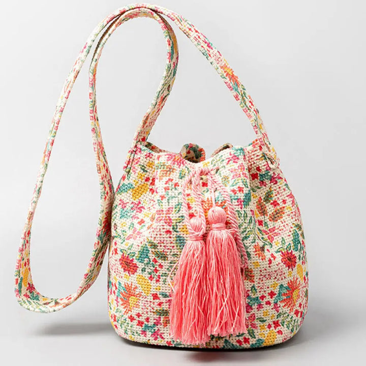 Buddha Stones Colorful Geometry Flowers Print Canvas Bucket Crossbody Bag Shoulder Bag - Colorful Flowers 23*16*23cm