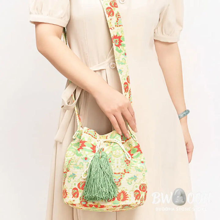 Buddha Stones Colorful Geometry Flowers Print Canvas Bucket Crossbody Bag Shoulder Bag - Crossbody Bag