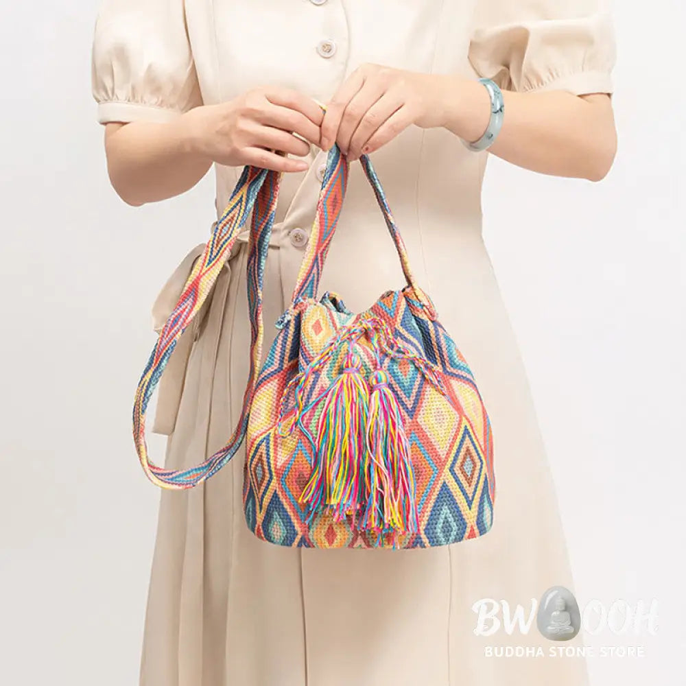 Buddha Stones Colorful Geometry Flowers Print Canvas Bucket Crossbody Bag Shoulder Bag - Crossbody Bag